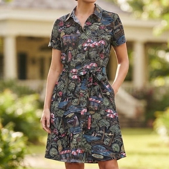 Denim & Co. Dresses & Skirts - Denim & Co Tropical Beach Print Shirt Dress Black Short Sleeve Belted Womens M